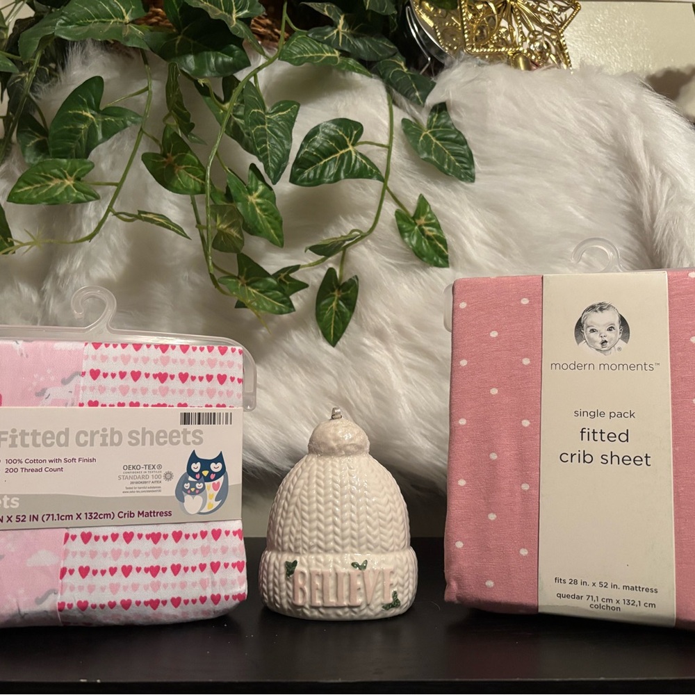 New Pink Fitted Crib Sheets with Heart and Dot Patterns